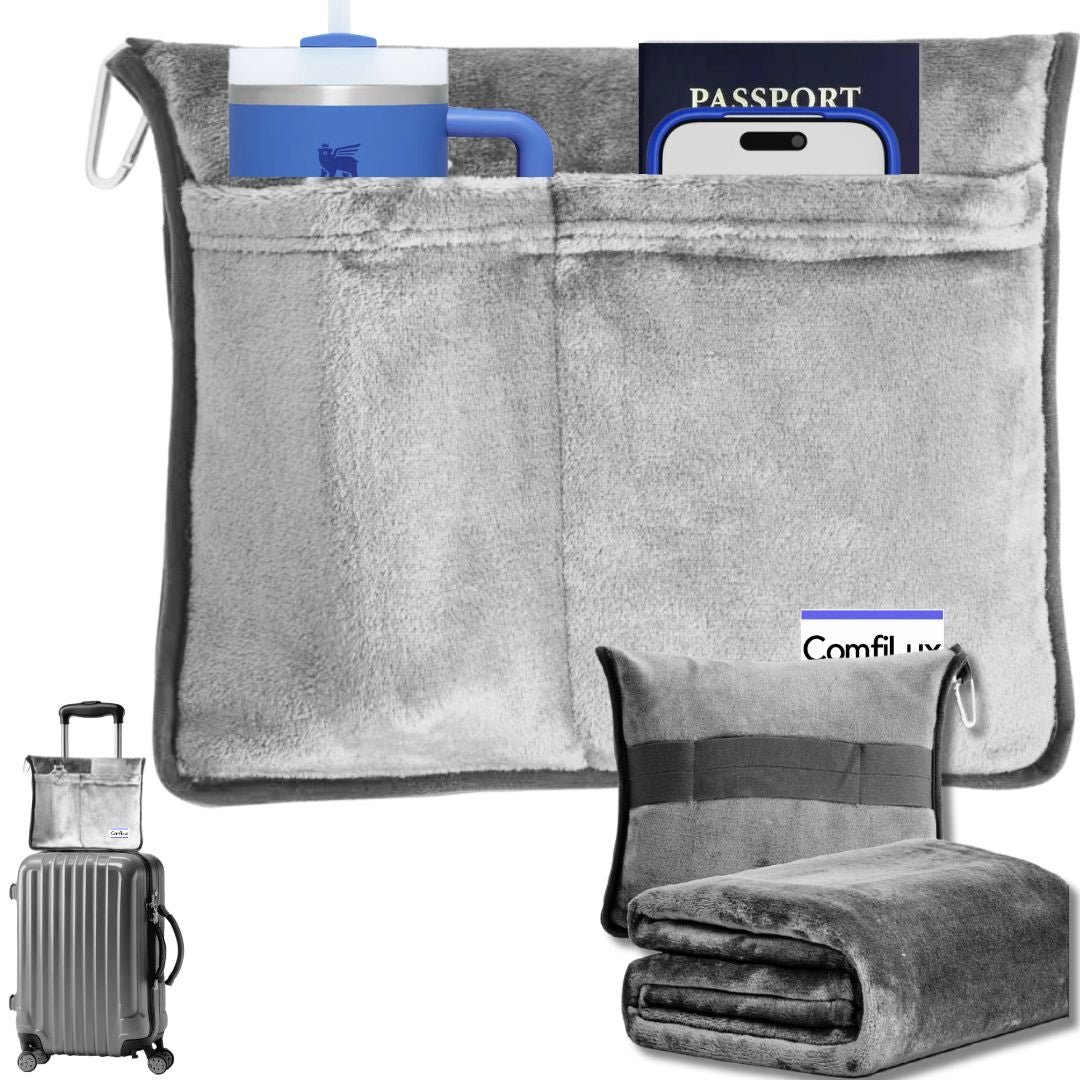 Compact Travel Blanket - Use As a Pillow With Bottle and Document Pocker