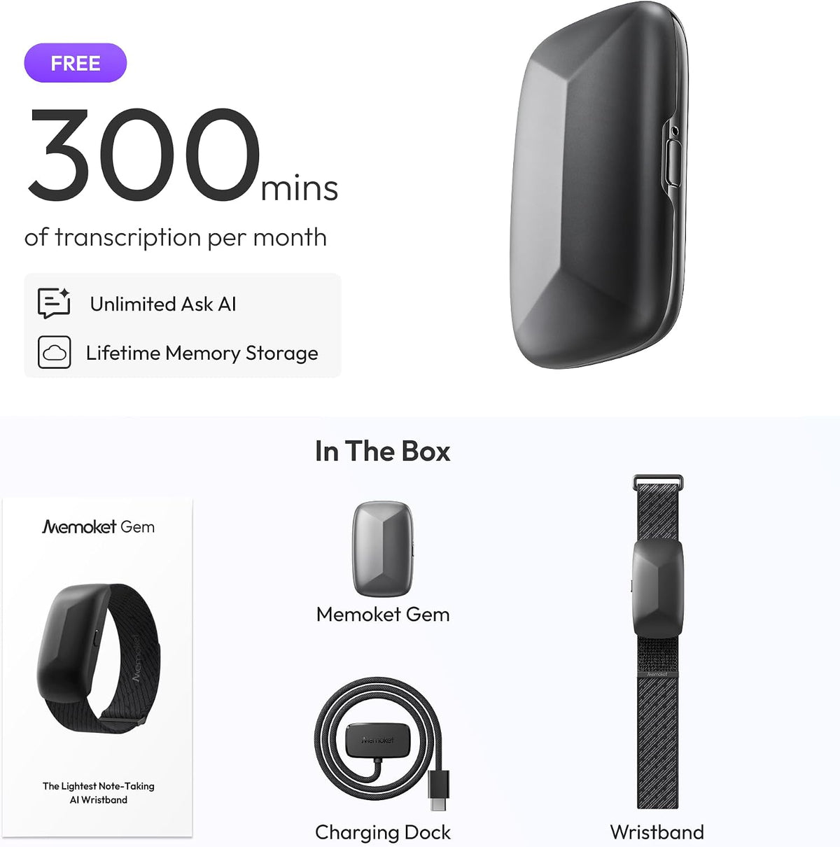 Memoket Gem Wearable AI Voice Recorder, Transcribes