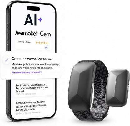 Memoket Gem Wearable AI Voice Recorder, Transcribes