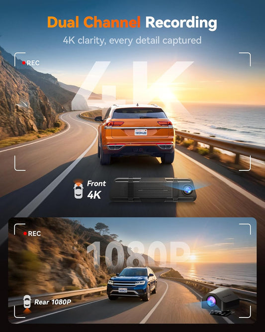 🚗 M40 10” Mirror Dash Cam – 4K Front + 1080P Rear | ADAS, BSD, Voice Control, WiFi, GPS | 64GB Included