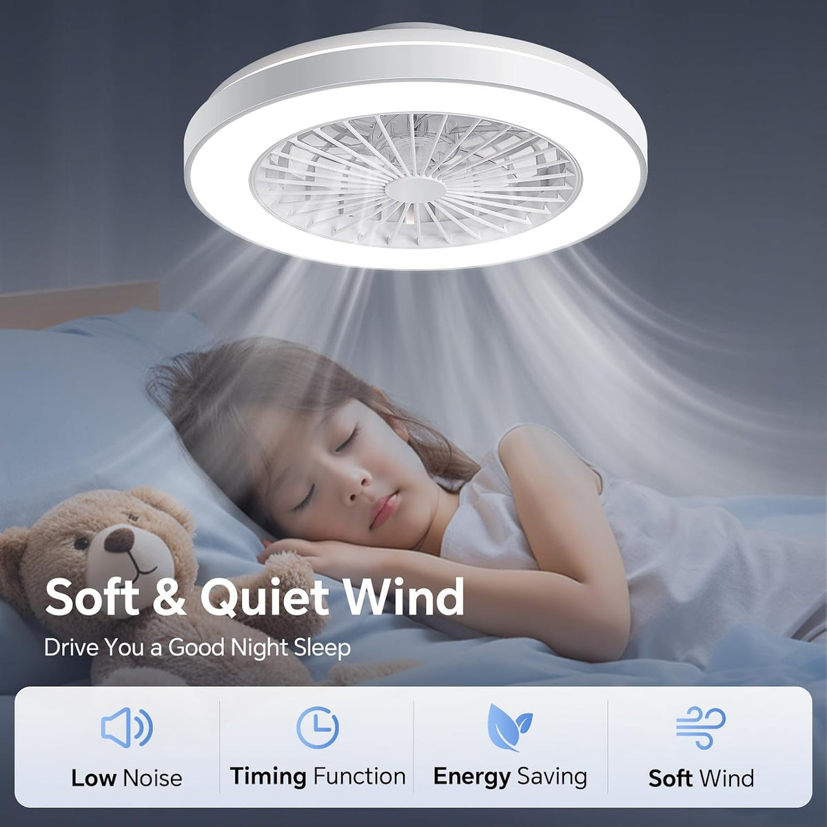 18.9" Bladeless Ceiling Fan with LED Light & Remote Control