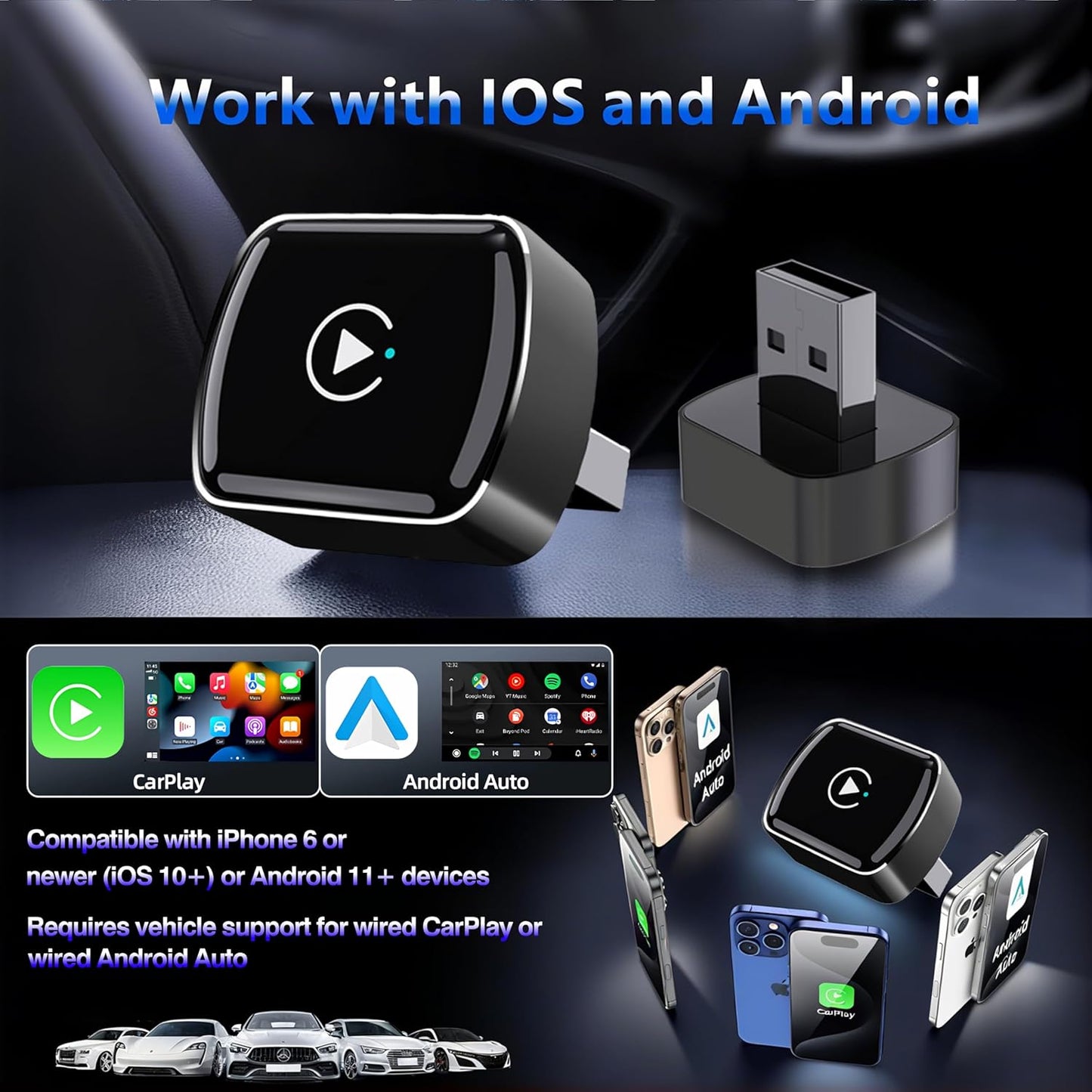 2025 2-in-1 Wireless CarPlay/ Android Auto Adapter, Converts Wired to Wireless 5GHz WiFi
